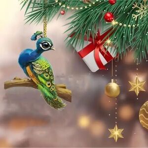 Peacock on Branch 2D Shaped Acrylic Hanging Ornament Car/Bag Charm